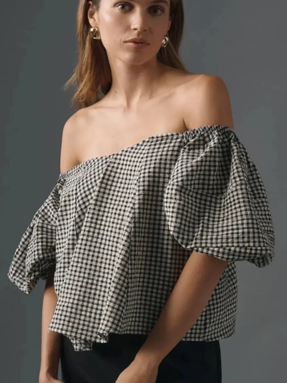 Anthropologie Maeve Puff-Sleeve Off-the-Shoulder Gingham Top